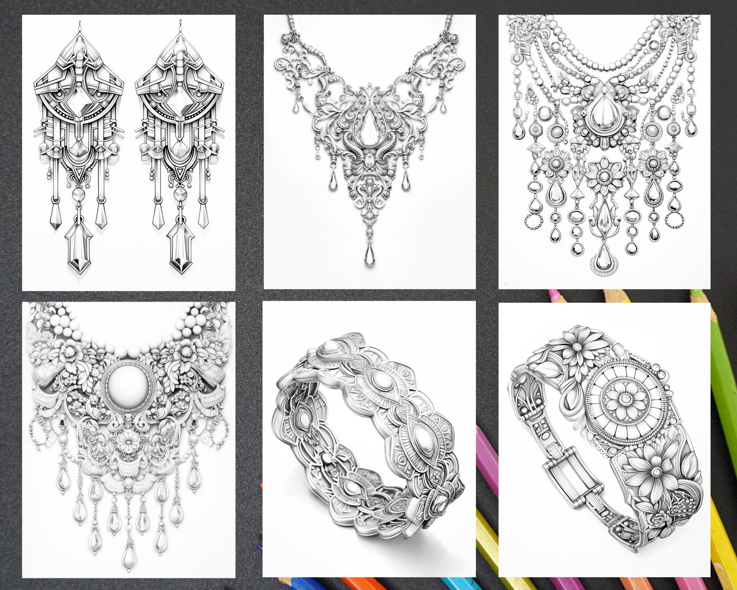 75 Exquisite Jewelry Collection Grayscale Coloring Pages for Adults, Printable PDF Instant Download