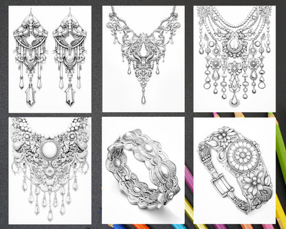 75 Exquisite Jewelry Collection Grayscale Coloring Pages for Adults, Printable PDF Instant Download