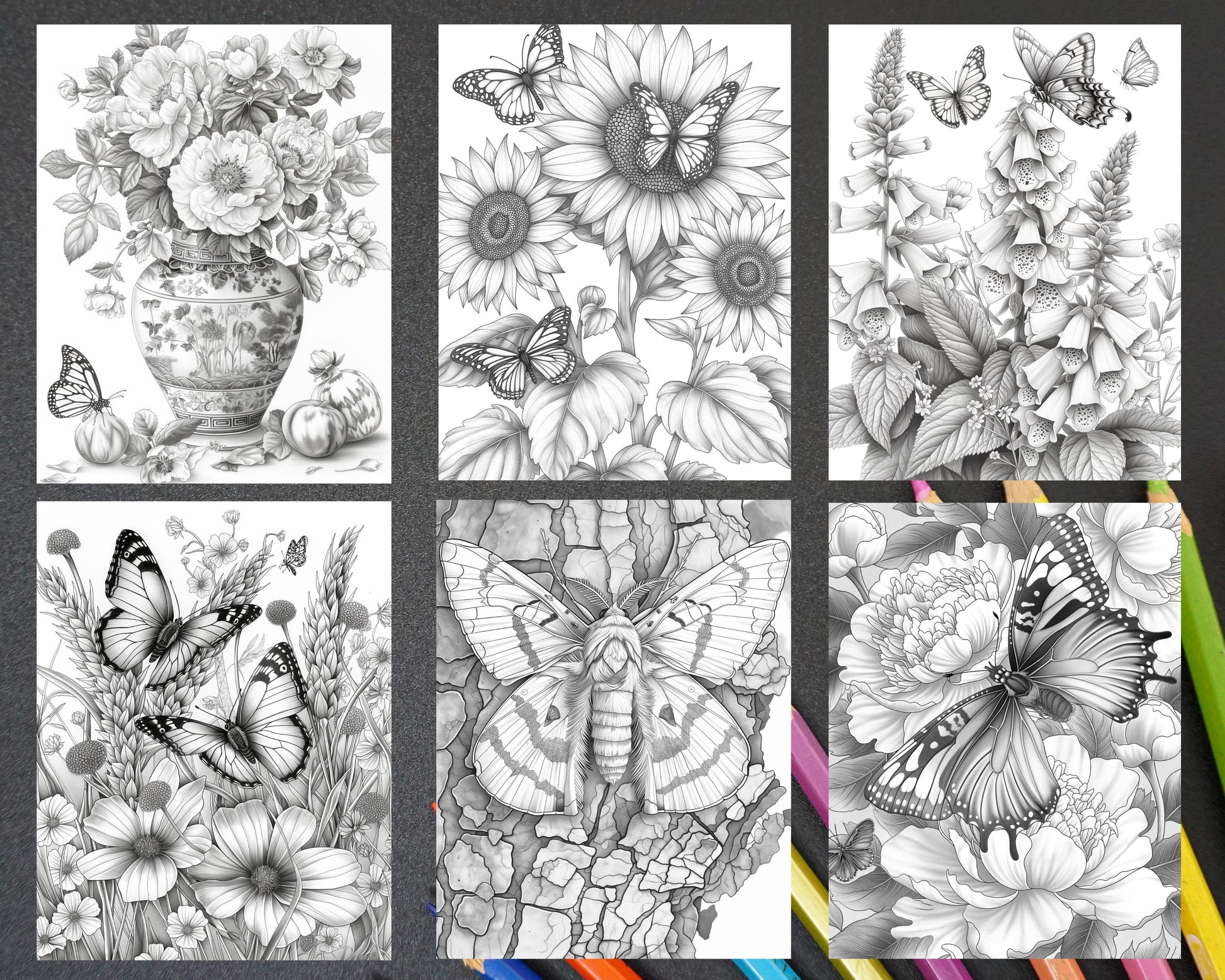 50 Butterflies & Flowers Grayscale Adult Coloring Pages Printable PDF Instant Download