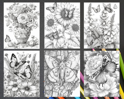 50 Butterflies & Flowers Grayscale Adult Coloring Pages Printable PDF Instant Download
