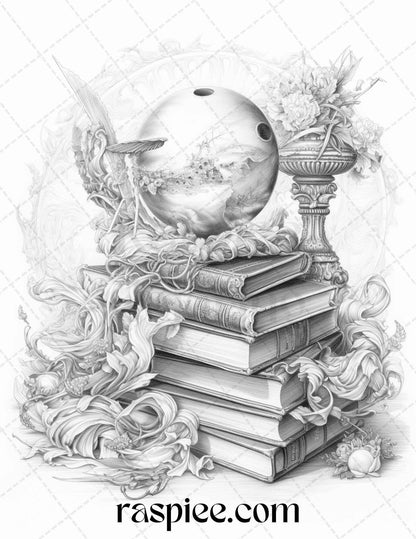 50 Magical Books Grayscale Coloring Pages Printable for Adults, PDF File Instant Download