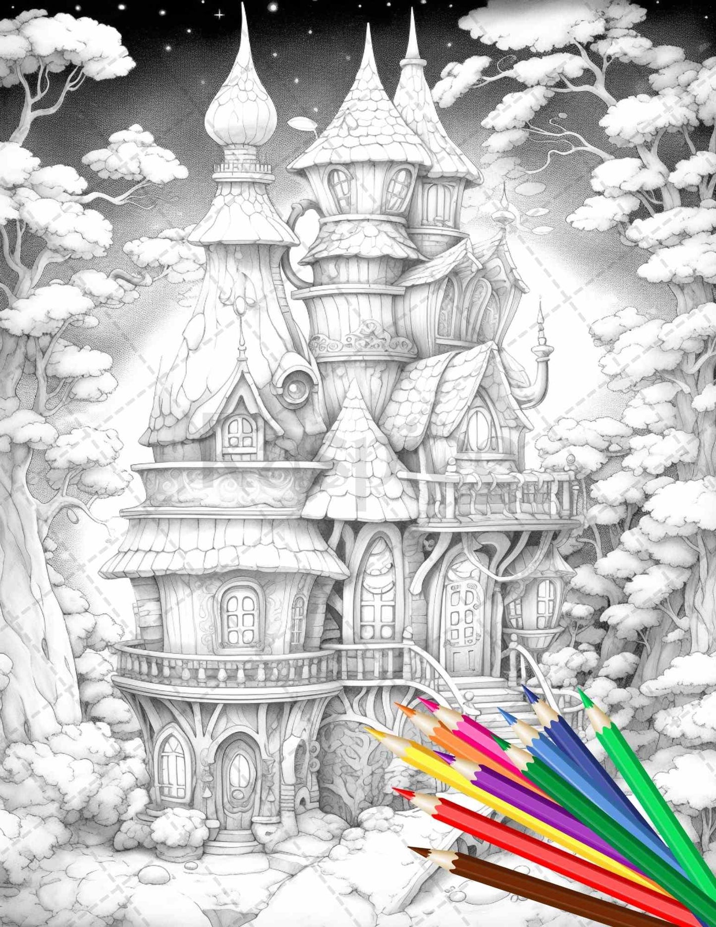 63 Winter Fairy Houses Grayscale Coloring Pages Printable for Adults, PDF File Instant Download