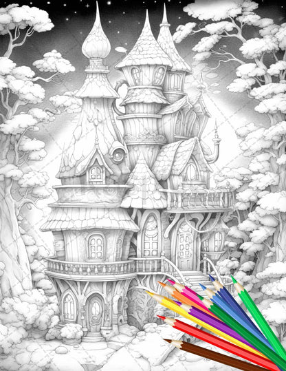 63 Winter Fairy Houses Grayscale Coloring Pages Printable for Adults, PDF File Instant Download