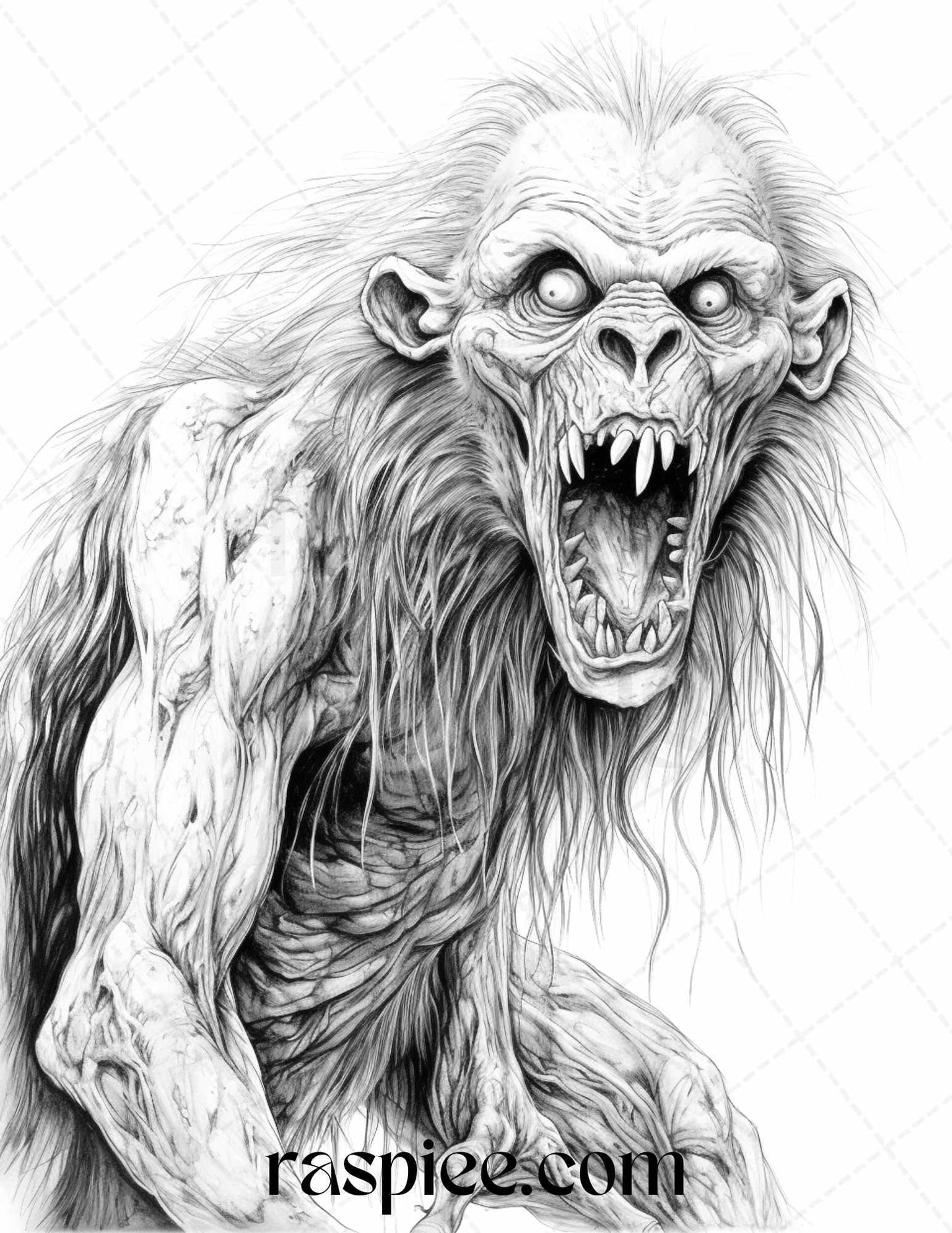 66 Horror Zombie Animals Grayscale Coloring Pages Printable for Adults, PDF File Instant Download