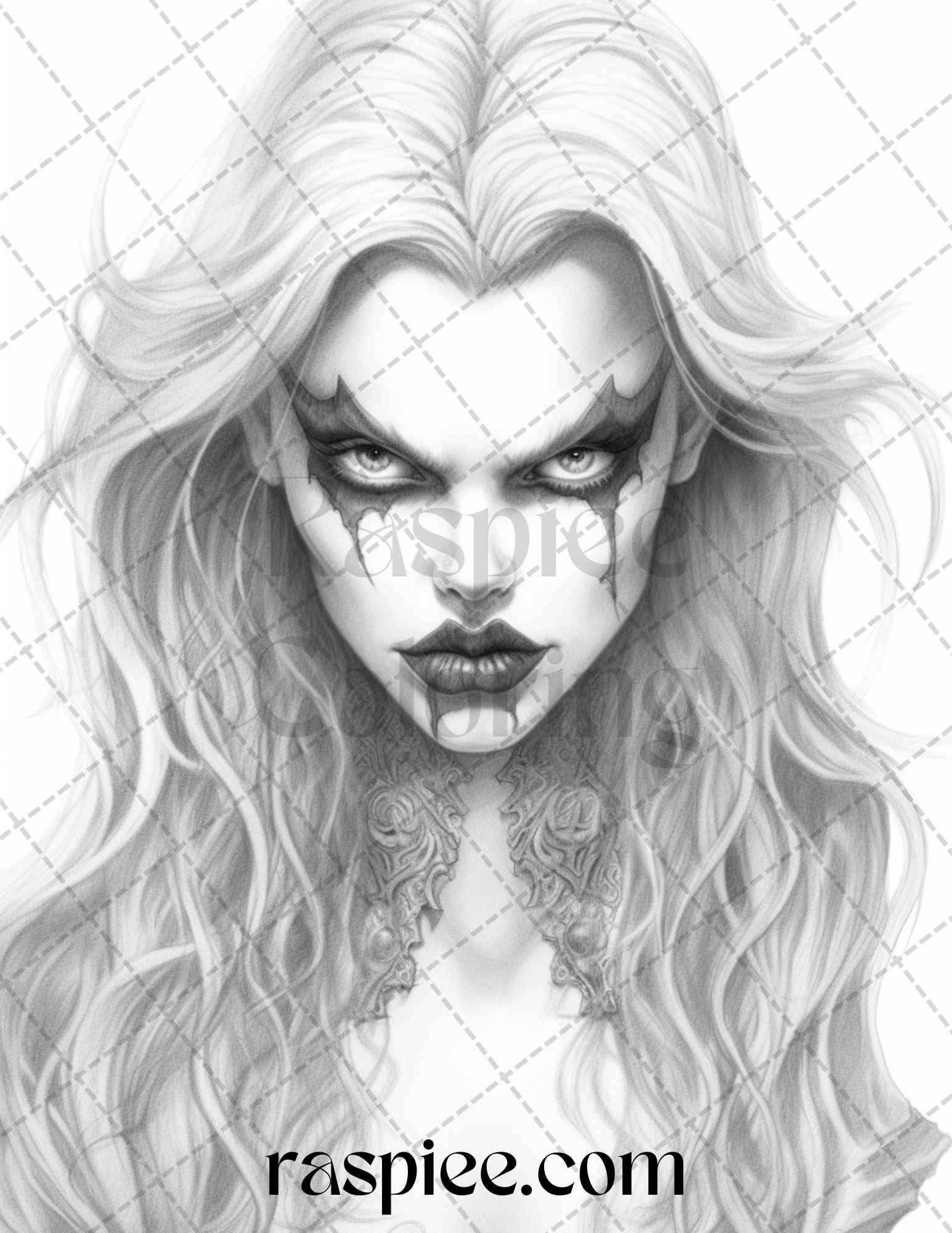 Bewitching Vampires Grayscale Coloring Pages Printable for Adults, PDF File Instant Download