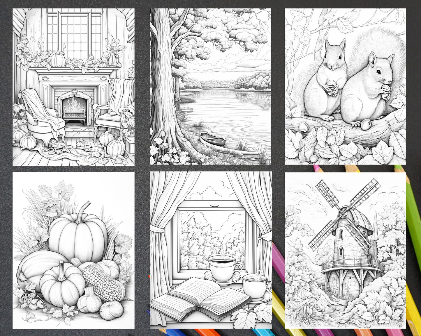 Autumn Vibes Grayscale Coloring Pages Printable for Adults, PDF File Instant Download