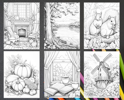 Autumn Vibes Grayscale Coloring Pages Printable for Adults, PDF File Instant Download