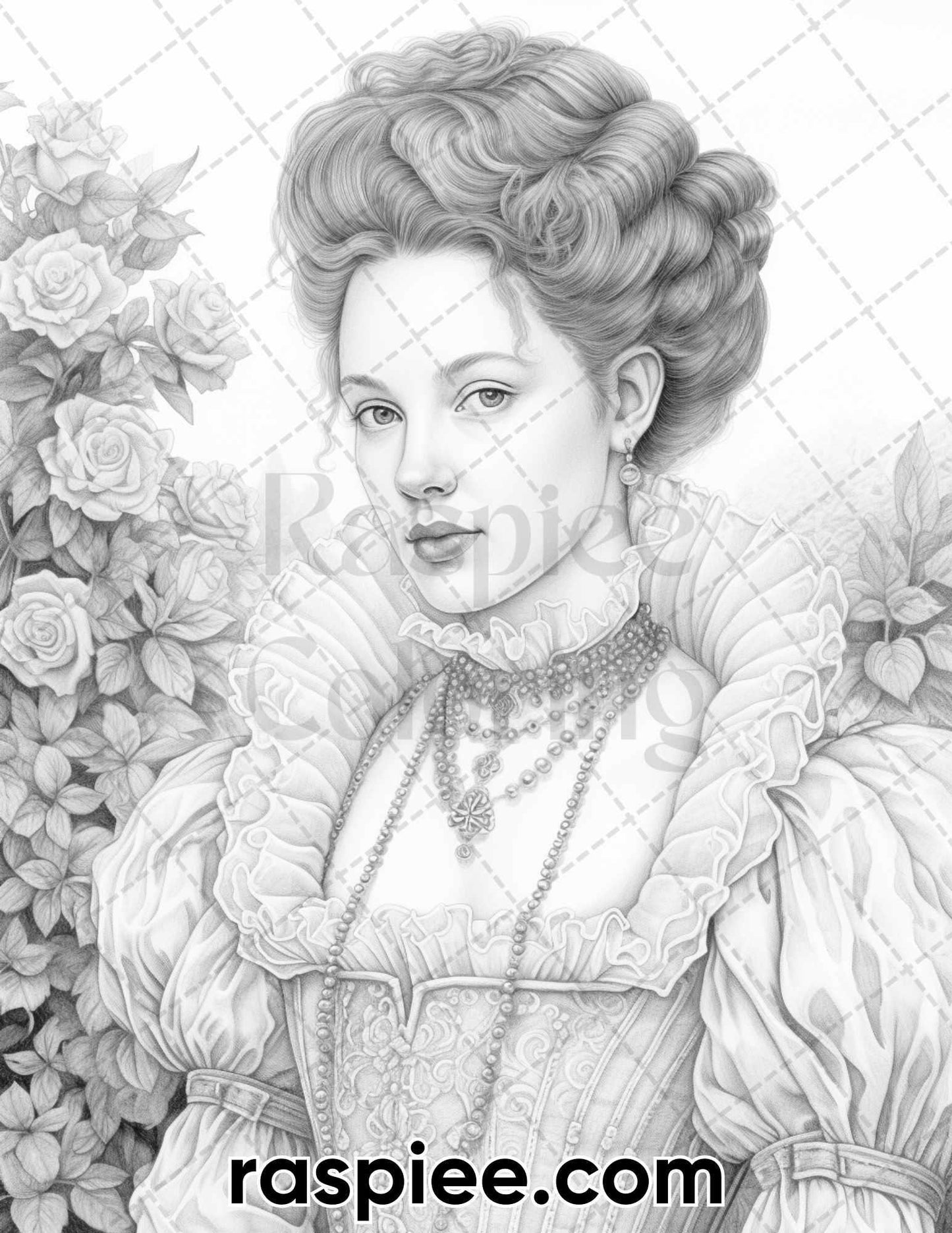65 Elizabethan Women Portraits Grayscale Adult Coloring Pages, Printable PDF Instant Download