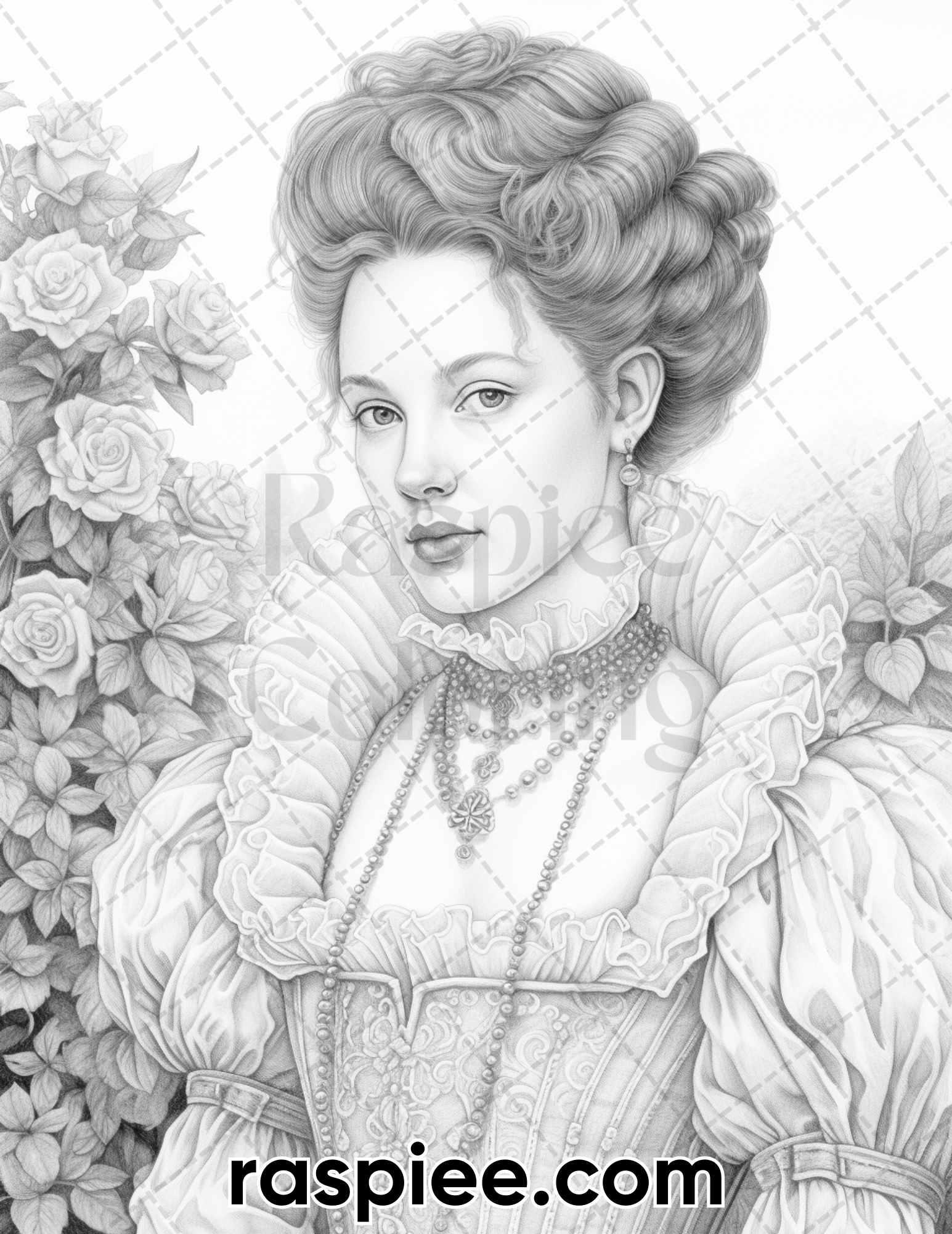 65 Elizabethan Women Portraits Grayscale Adult Coloring Pages, Printable PDF Instant Download