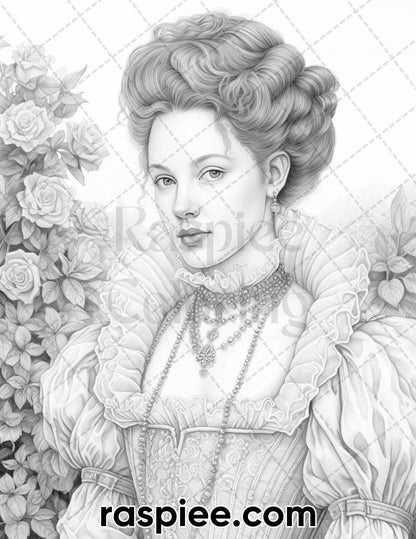 65 Elizabethan Women Portraits Grayscale Adult Coloring Pages, Printable PDF Instant Download