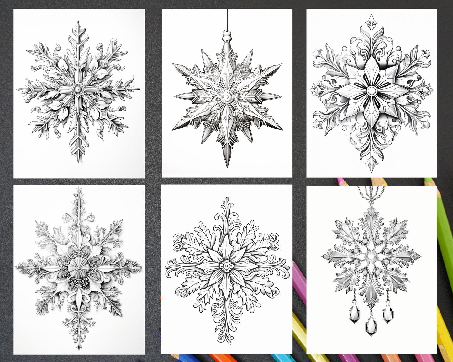 50 Christmas Snowflake Grayscale Coloring Pages for Adults, Printable PDF Instant Download