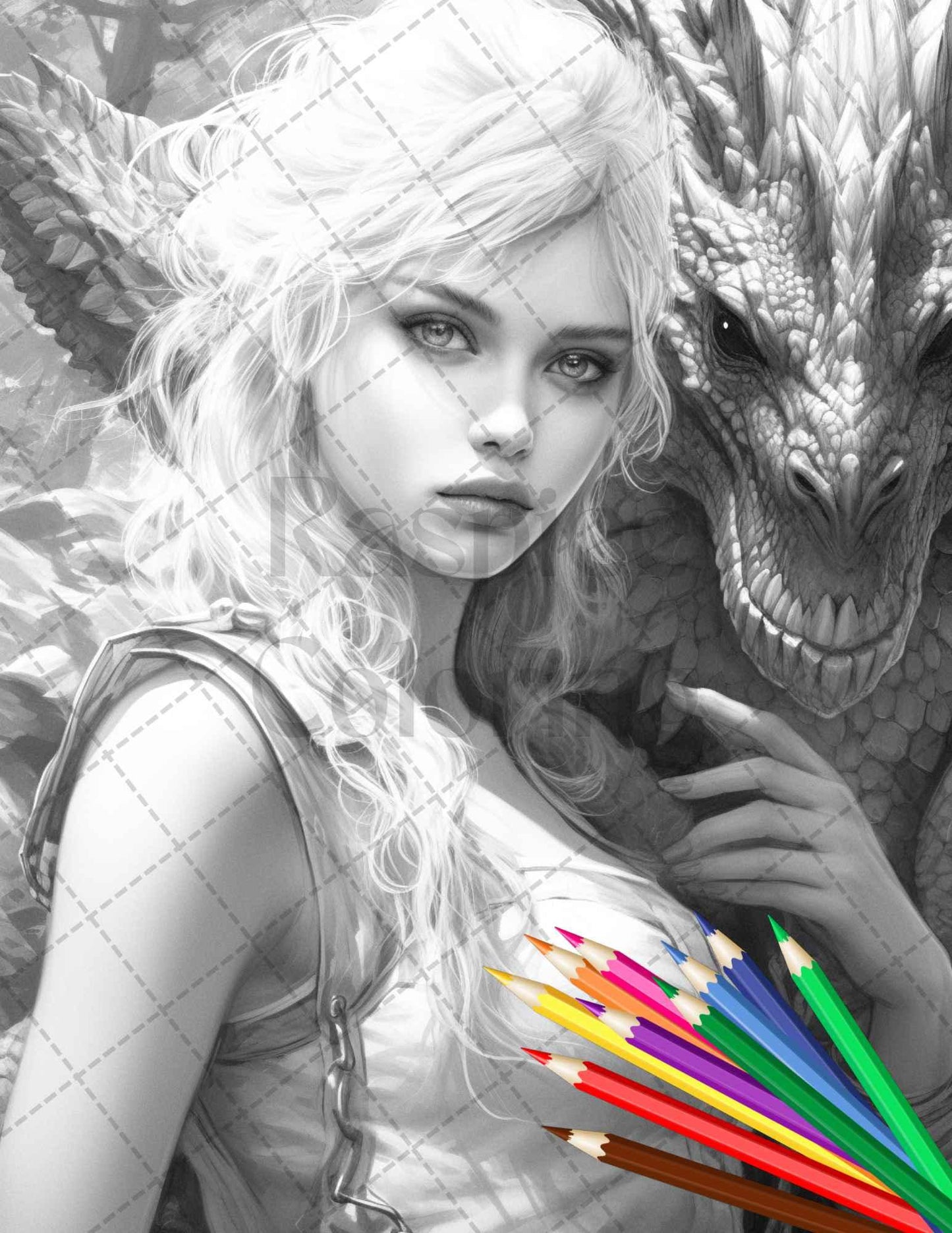 Enchanted Dragon Queens Grayscale Coloring Pages Printable for Adults, PDF File Instant Download