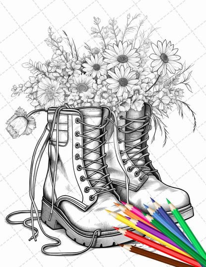 32 Flower Boots Coloring Pages Printable for Adults, Floral Grayscale Coloring Page, PDF File Instant Download