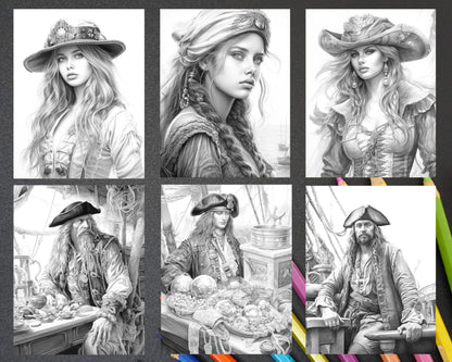 60 Pirate Life Grayscale Coloring Pages Printable for Adults, Stress Relief Coloring, PDF File Instant Download