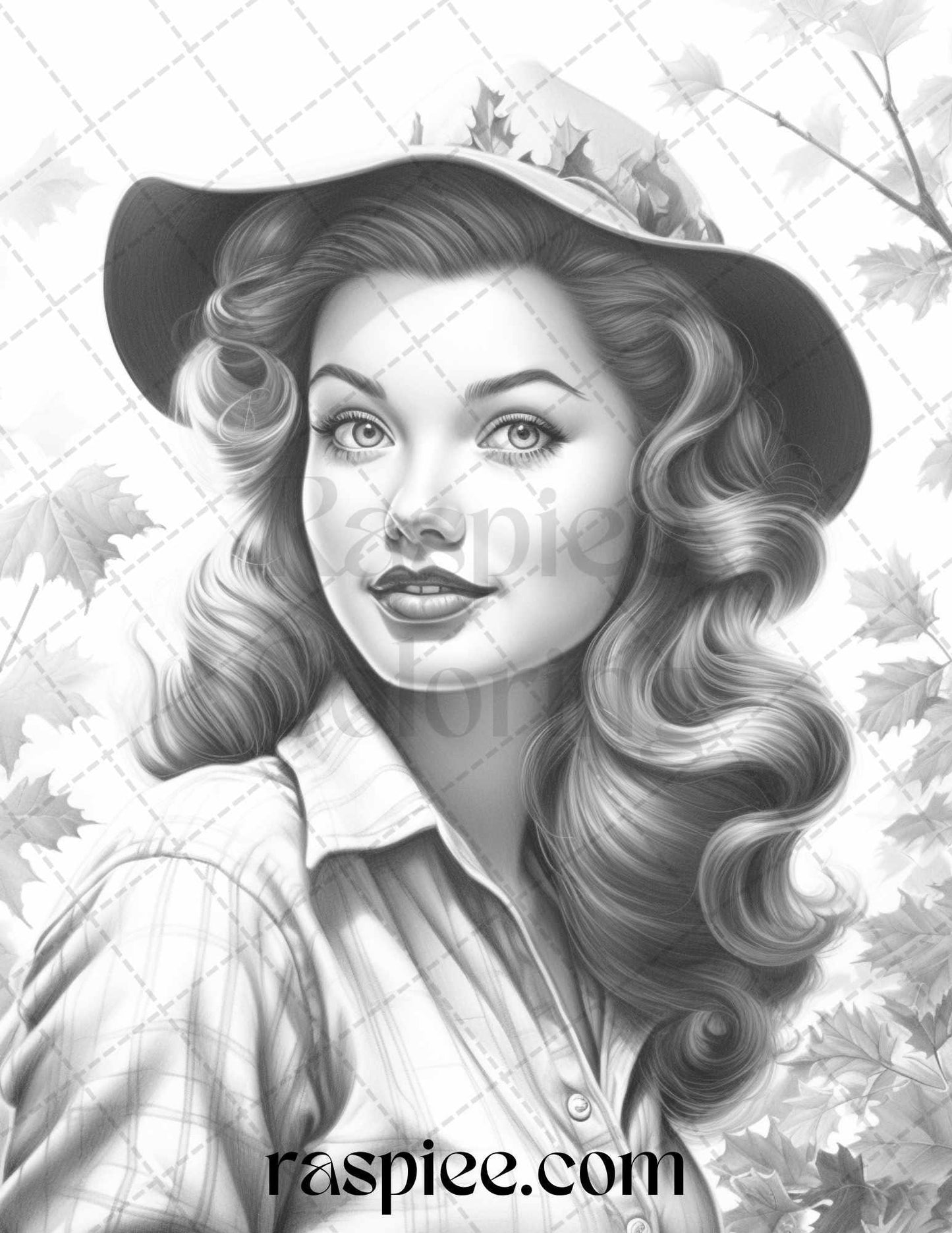55 Autumn Pin Up Girls Grayscale Coloring Pages Printable for Adults, PDF File Instant Download
