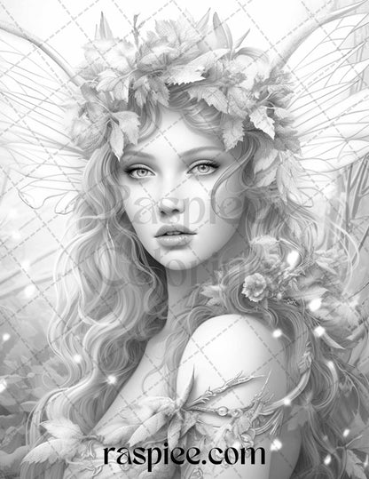 50 Winter Fairy Grayscale Coloring Pages Printable for Adults, PDF File Instant Download