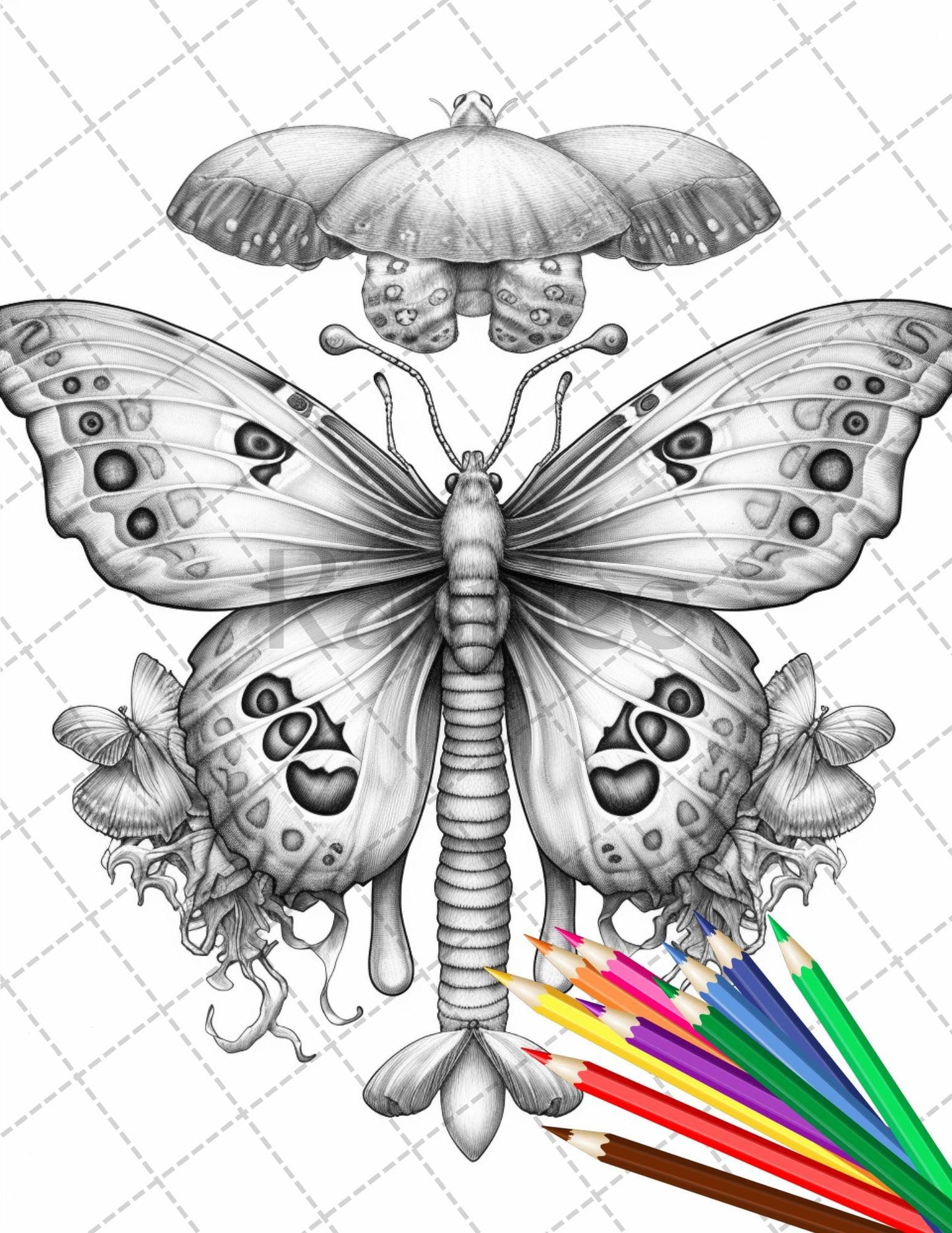 32 Beautiful Moths and Floral Coloring Book for Adults, Grayscale Coloring Page, Printable PDF Instant Download