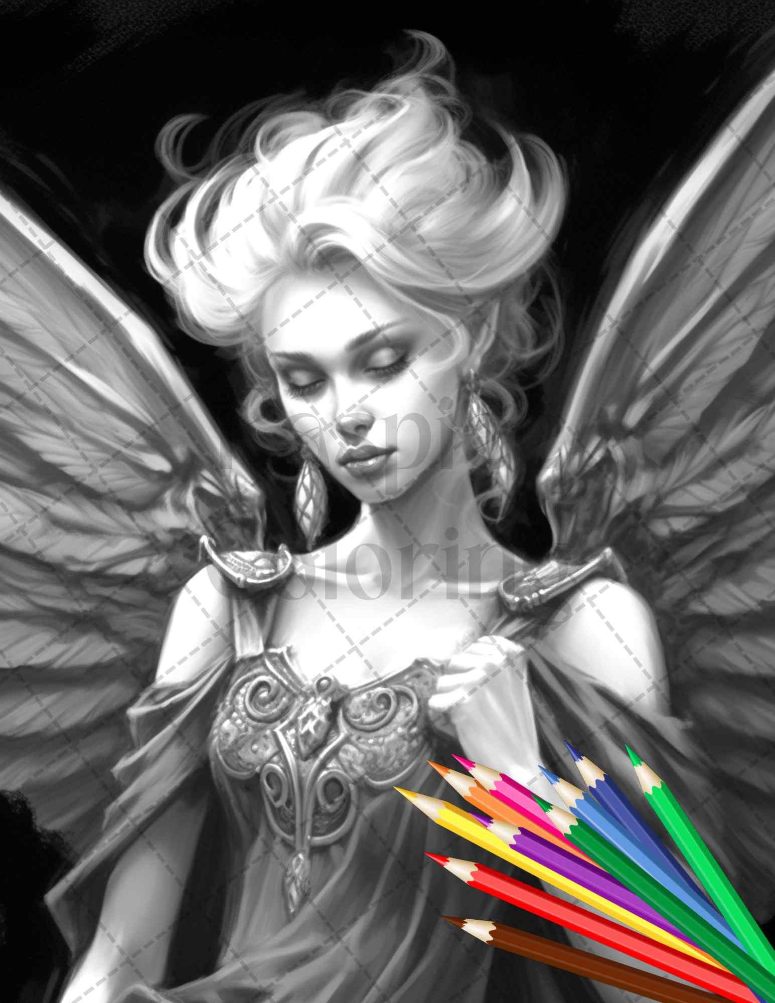 Beautiful Dark Fairy Grayscale Coloring Pages Printable for Adults, PDF File Instant Download