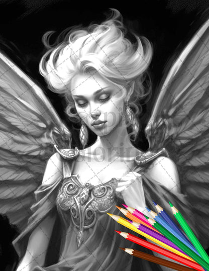 Beautiful Dark Fairy Grayscale Coloring Pages Printable for Adults, PDF File Instant Download