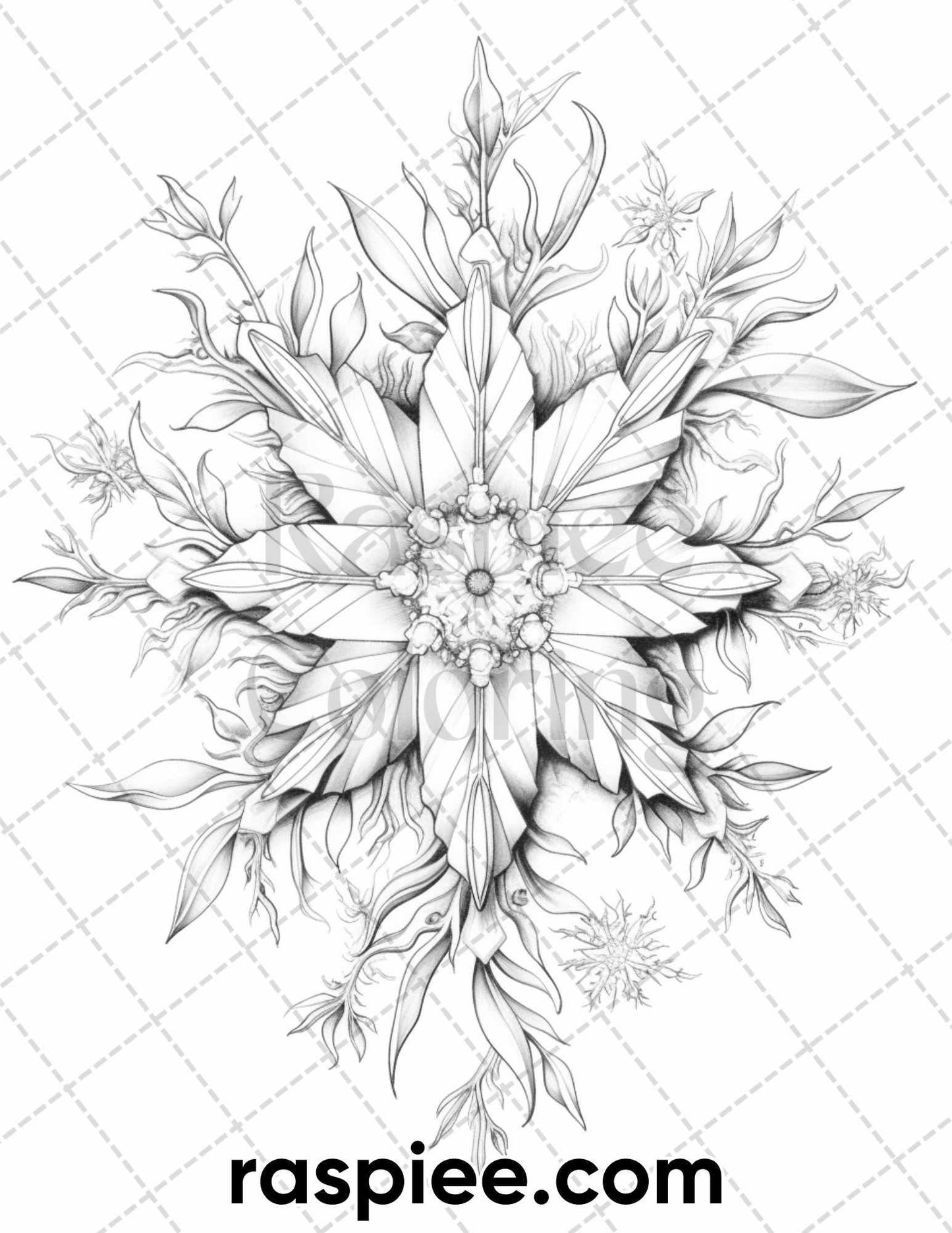 50 Christmas Snowflake Grayscale Coloring Pages for Adults, Printable PDF Instant Download