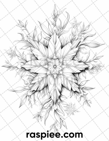 50 Christmas Snowflake Grayscale Coloring Pages for Adults, Printable PDF Instant Download