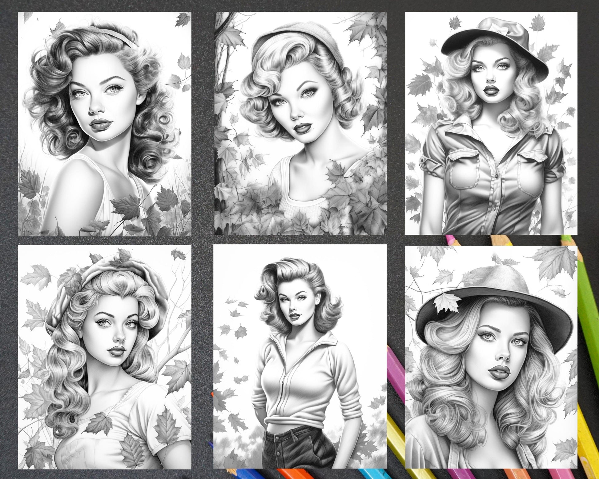 55 Autumn Pin Up Girls Grayscale Coloring Pages Printable for Adults, PDF File Instant Download