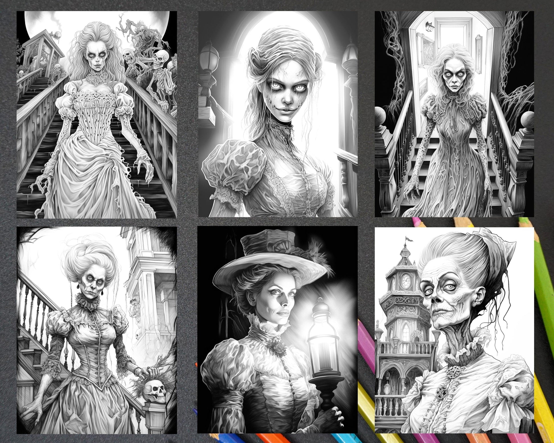 60 Halloween Victorian Era Grayscale Coloring Pages Printable for Adults, PDF File Instant Download