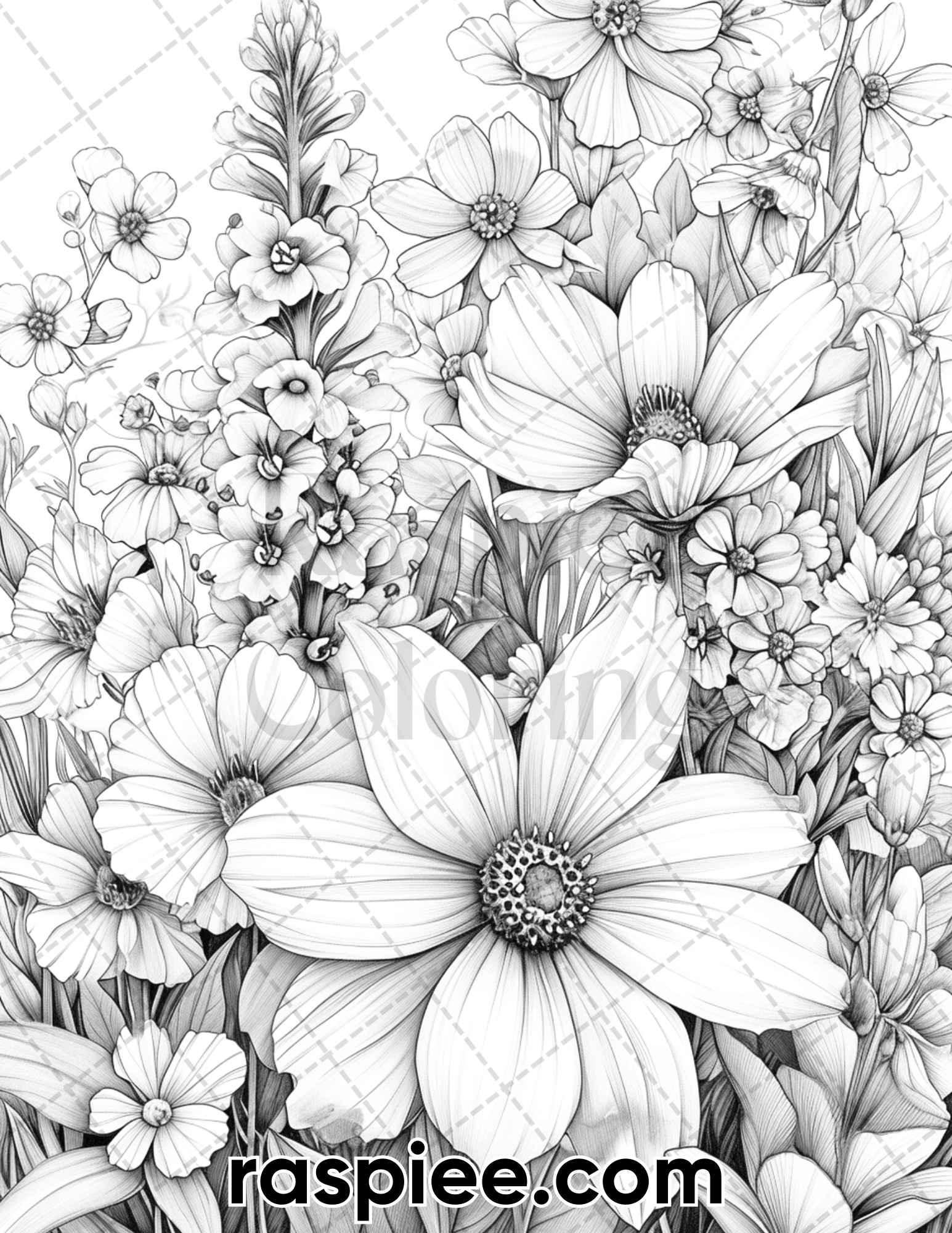60 Spring Blossoms Grayscale Adult Coloring Pages, Printable PDF Instant Download