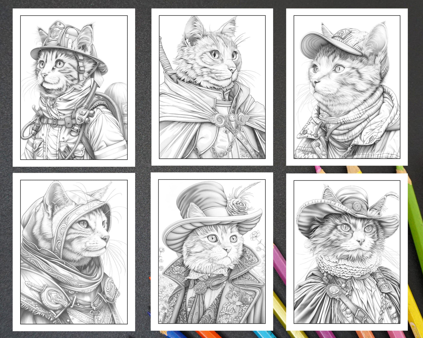 60 Cats Dressed Up Adult Coloring Pages Printable PDF Instant Download