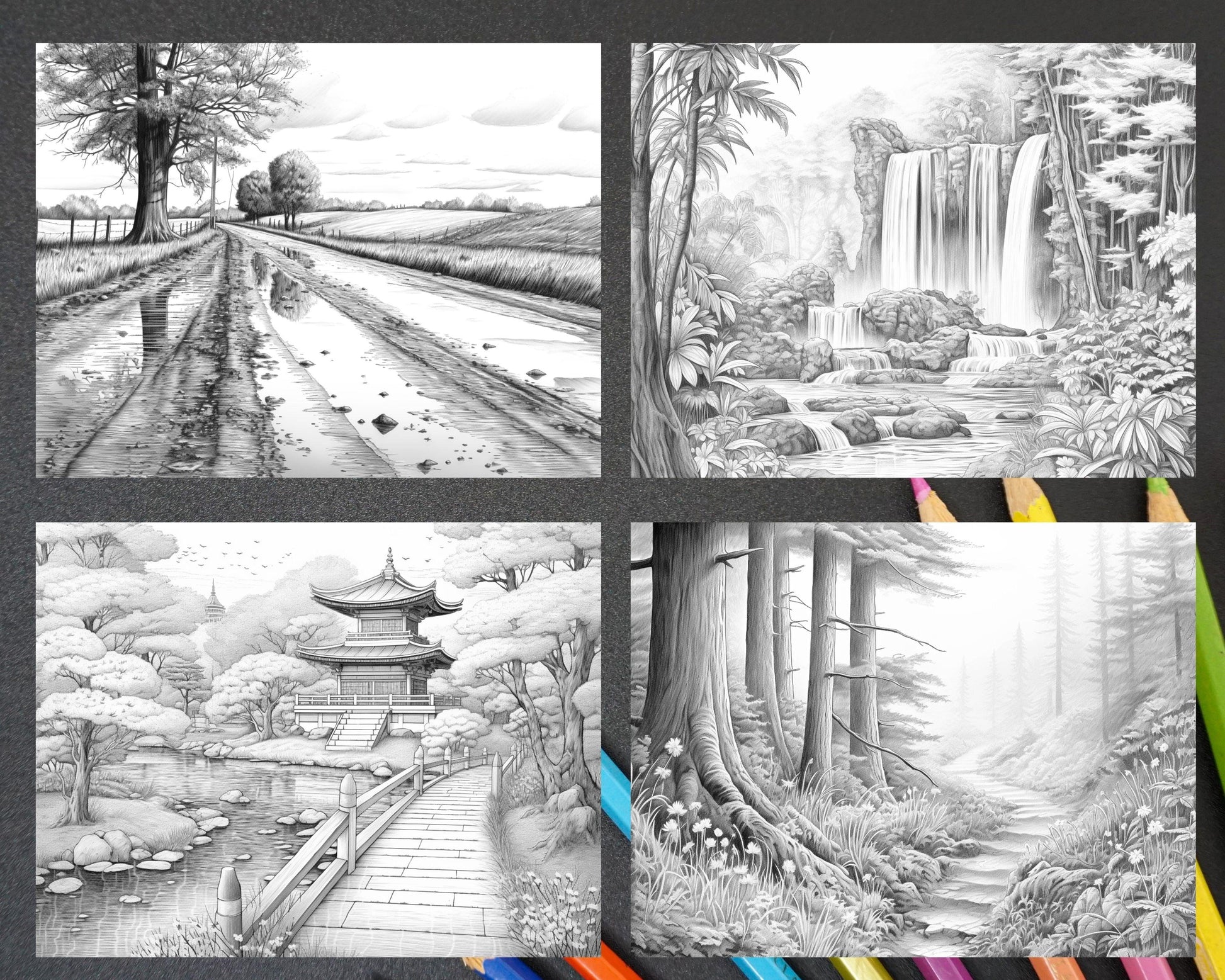 60 Spring Rainy Day Landscapes Grayscale Adult Coloring Pages, Printable PDF Instant Download