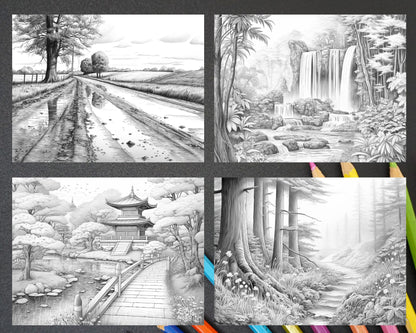 60 Spring Rainy Day Landscapes Grayscale Adult Coloring Pages, Printable PDF Instant Download