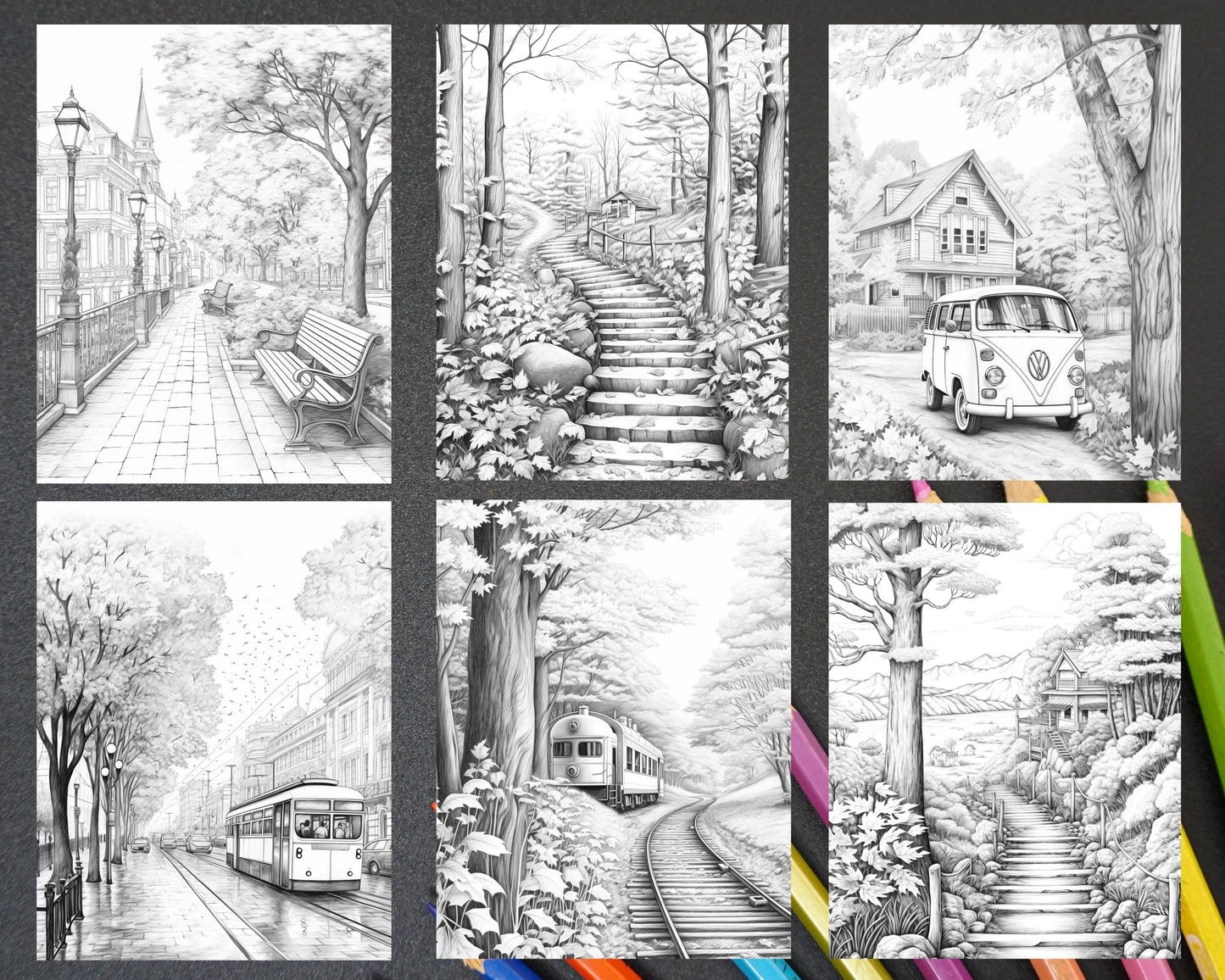 Autumn Scenery Grayscale Coloring Pages Printable for Adults, PDF File Instant Download