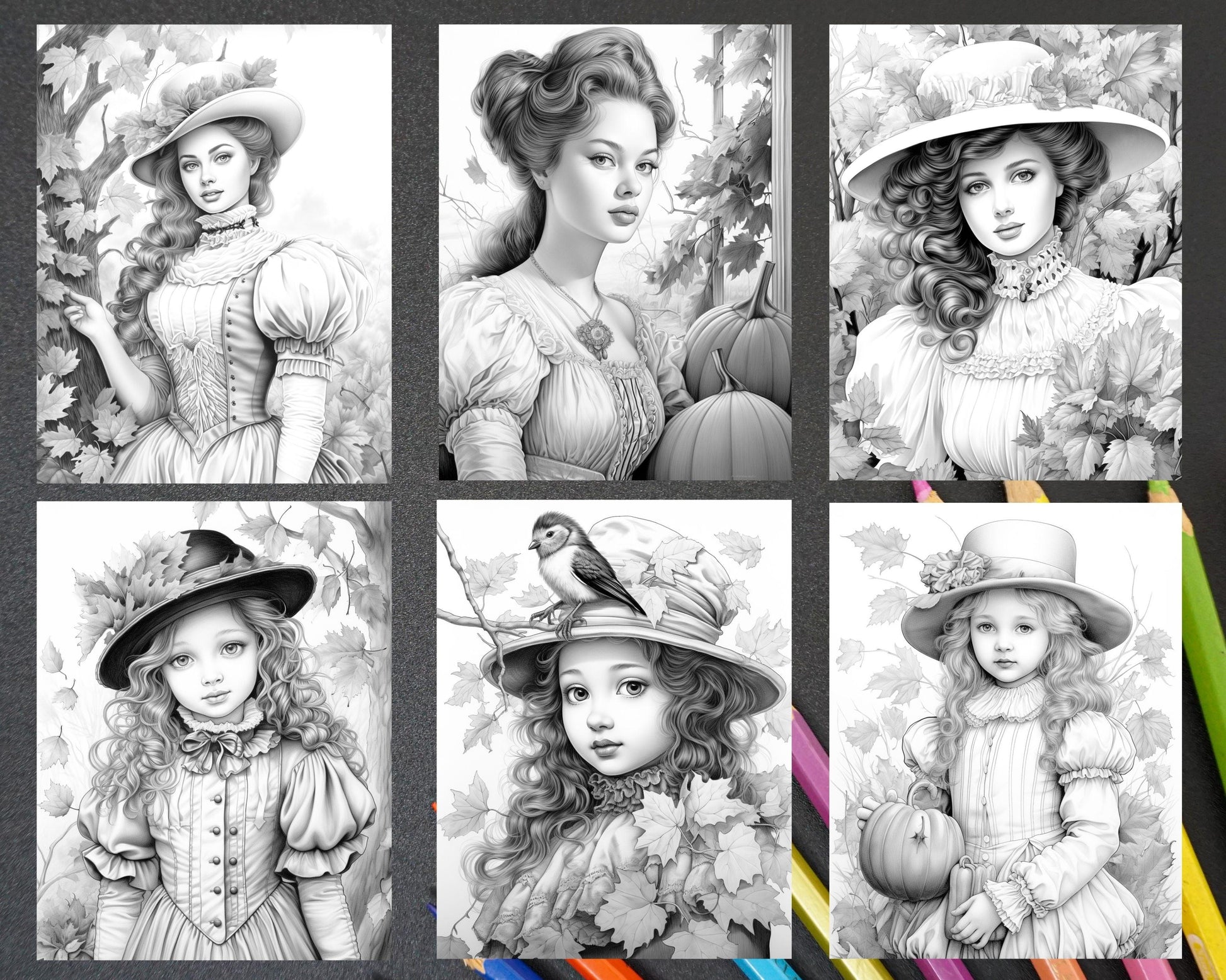 60 Victorian Autumn Portrait Grayscale Coloring Pages Printable for Adults, PDF File Instant Download