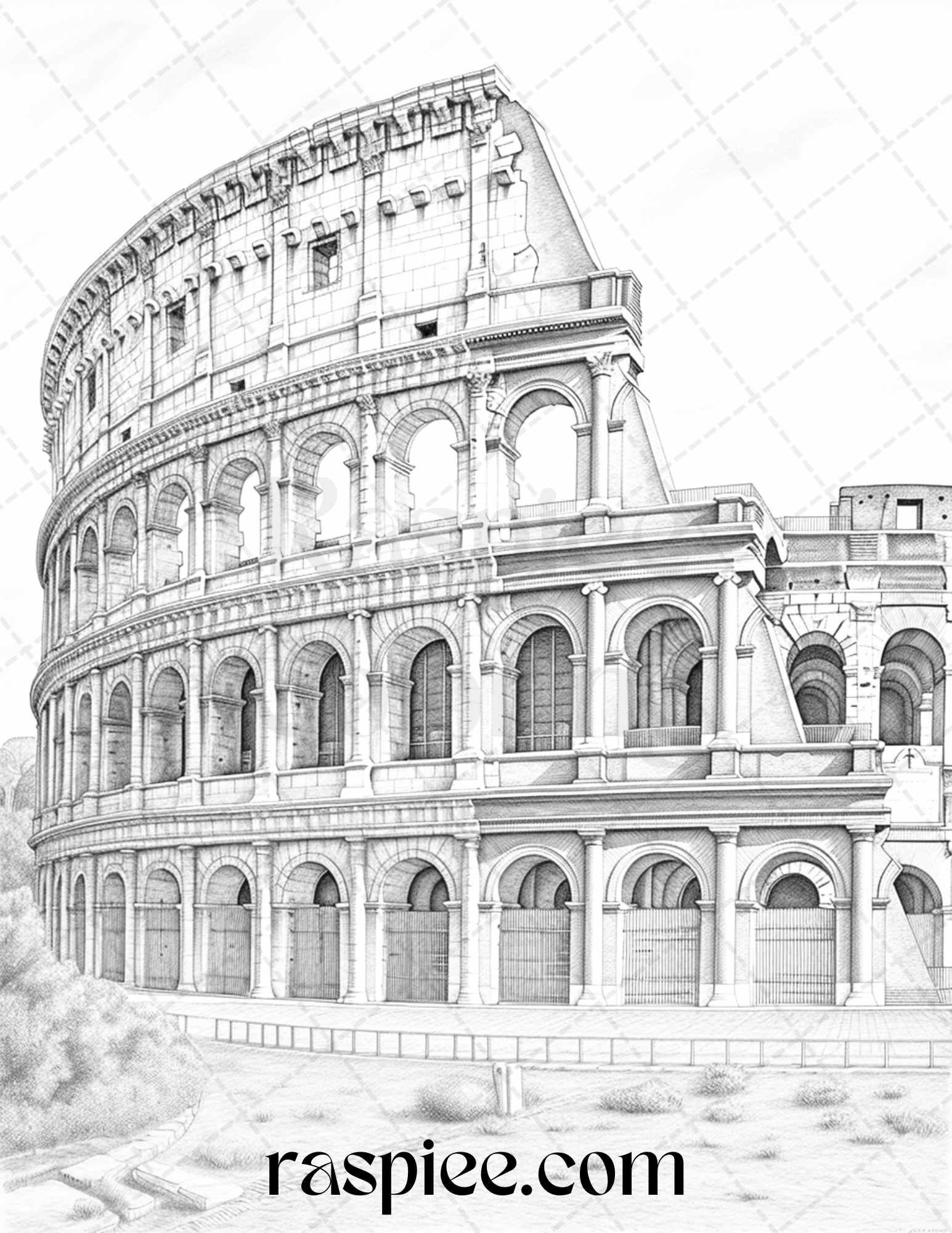 Roman Architecture Grayscale Coloring Pages Printable for Adults, PDF File Instant Download