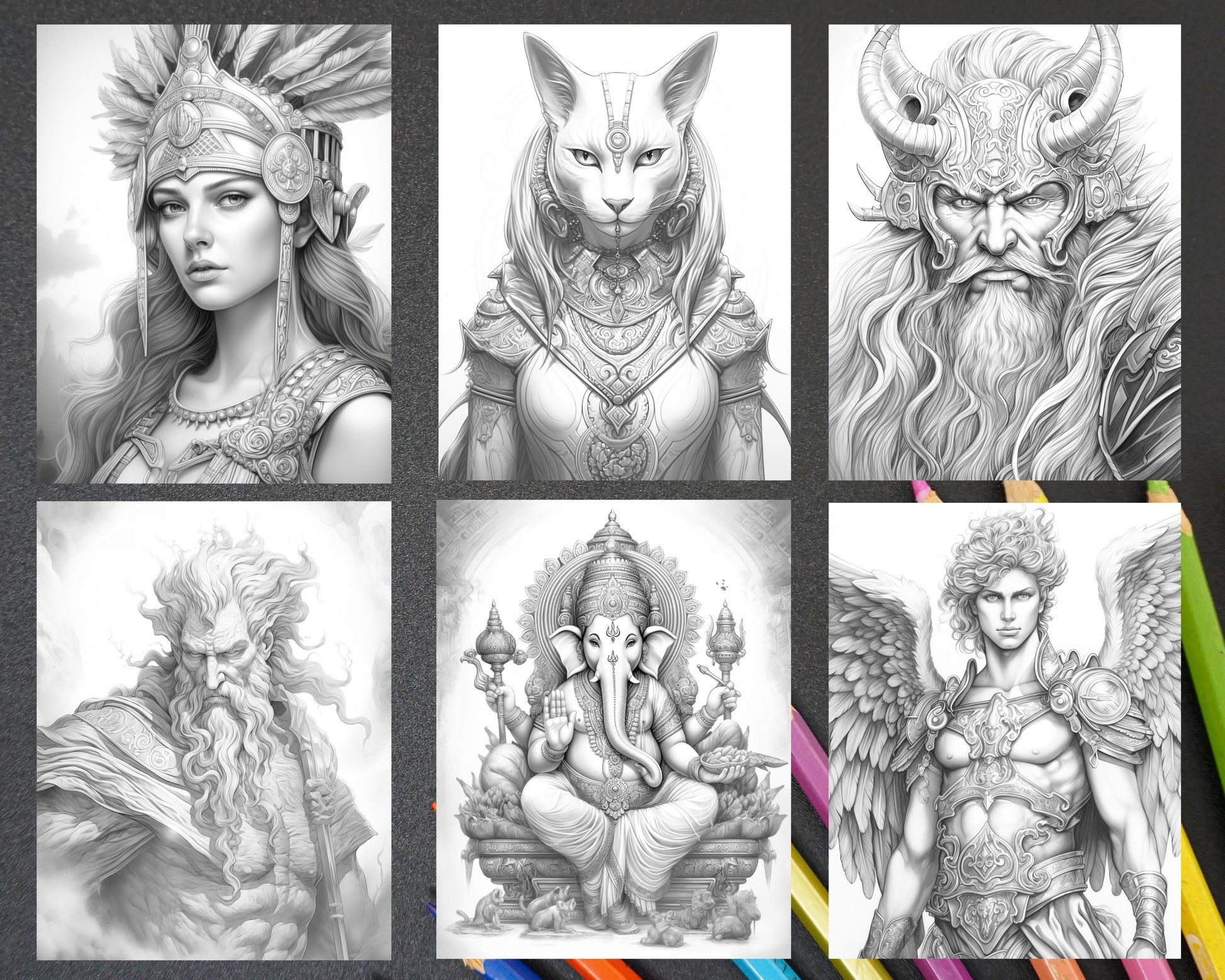 52 Mythology Gods Grayscale Coloring Pages for Adults, Printable PDF Instant Download