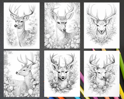 50 Christmas Deer Grayscale Coloring Pages for Adults, Printable PDF Instant Download