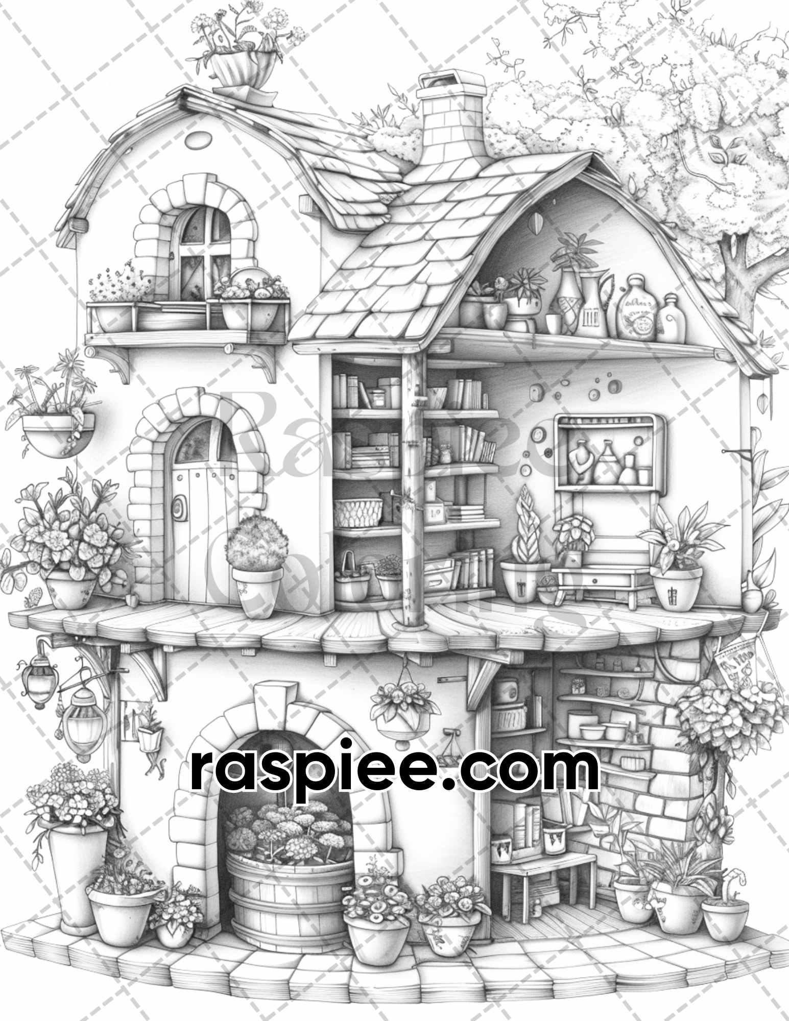 60 Isometric House Grayscale Adult Coloring Pages, Printable PDF Instant Download