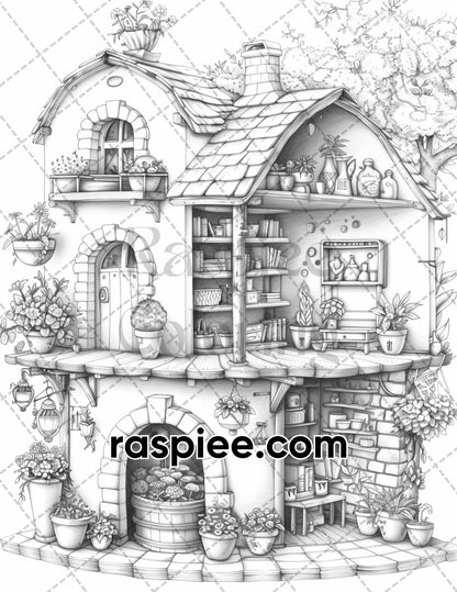 60 Isometric House Grayscale Adult Coloring Pages, Printable PDF Instant Download