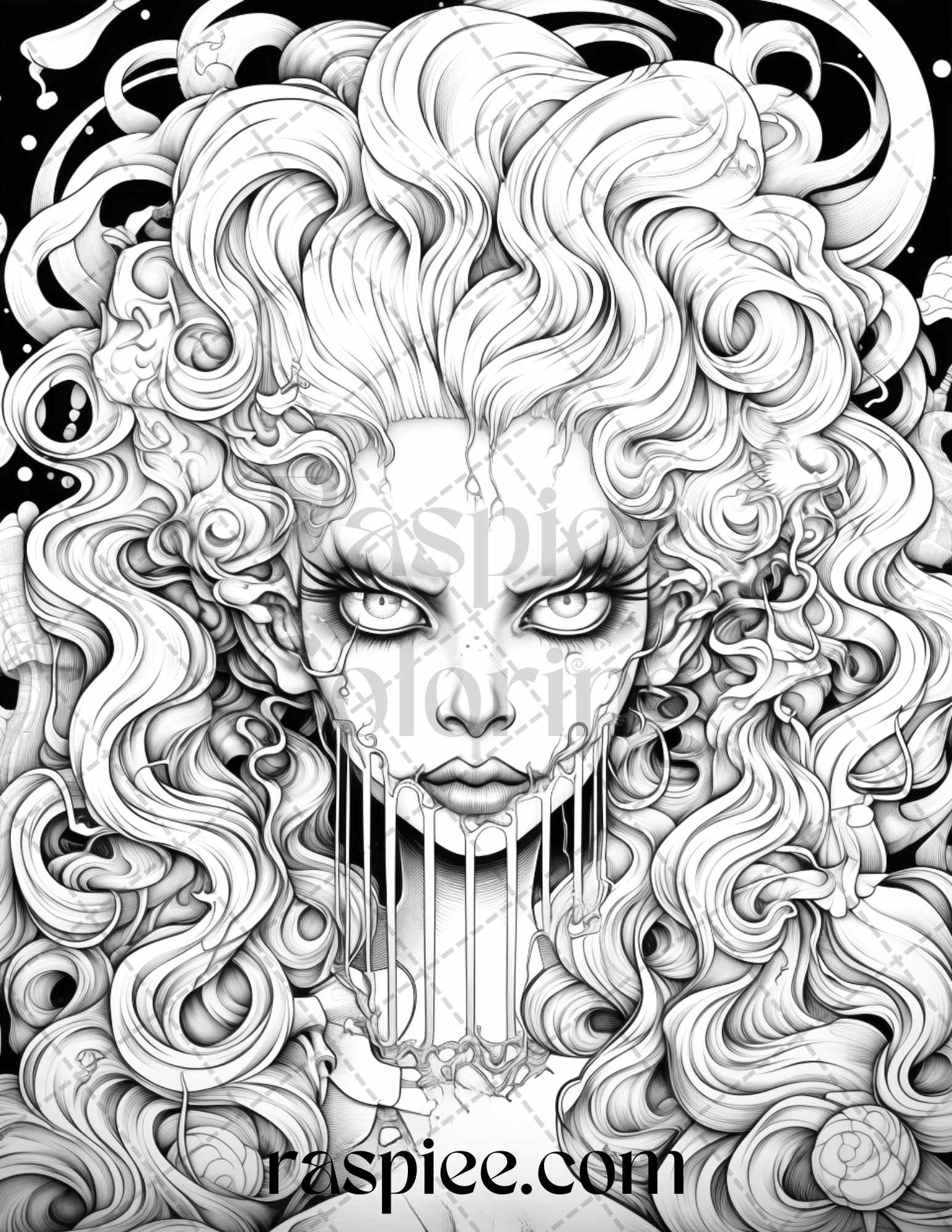 50 Spooky Miss Nightmare Grayscale Coloring Pages Printable for Adults, PDF File Instant Download