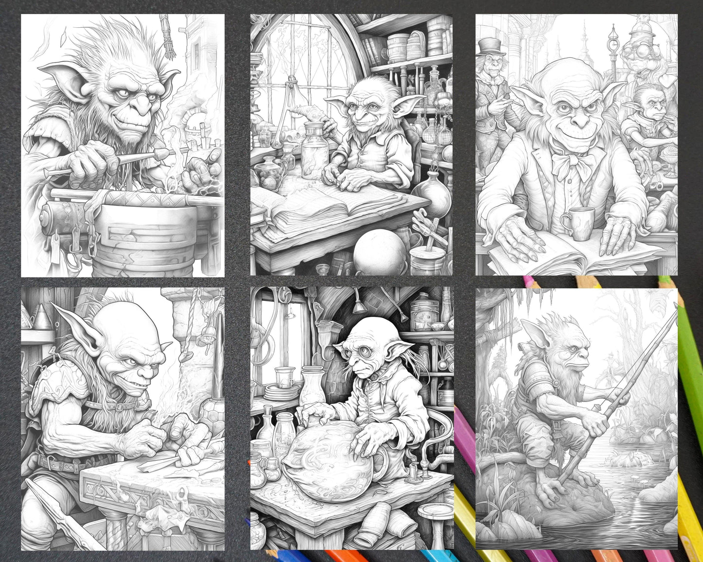 Fantasy Goblins Grayscale Coloring Pages Printable for Adults, PDF File Instant Download