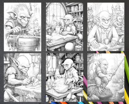 Fantasy Goblins Grayscale Coloring Pages Printable for Adults, PDF File Instant Download