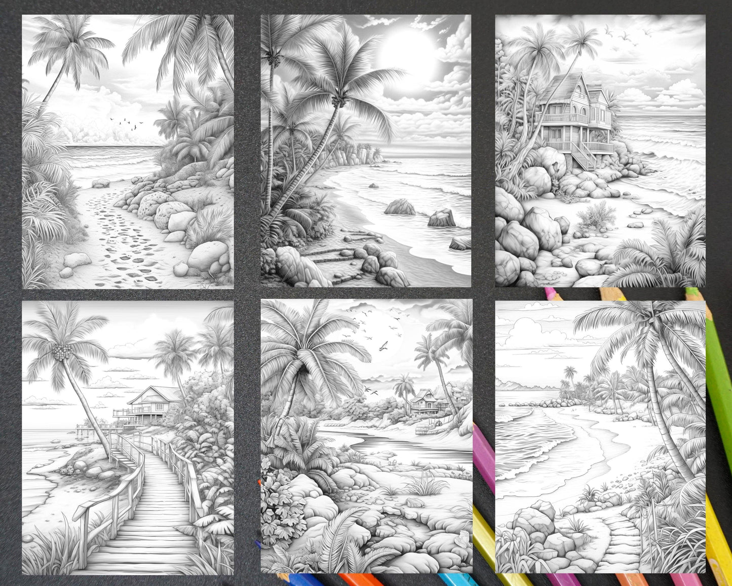 Beautiful Tropical Beach Grayscale Coloring Pages Printable for Adults, PDF File Instant Download
