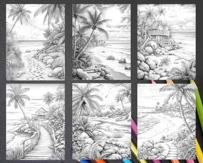 Beautiful Tropical Beach Grayscale Coloring Pages Printable for Adults, PDF File Instant Download