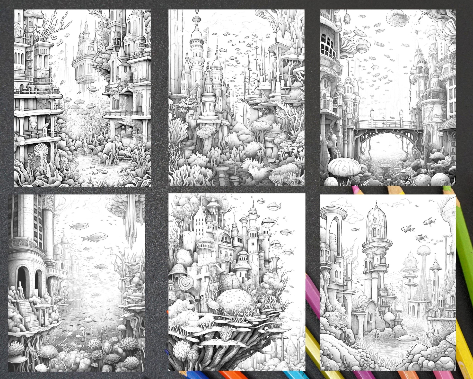 Enchanted Underwater City Grayscale Coloring Pages Printable for Adults, PDF File Instant Download