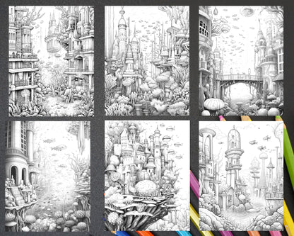Enchanted Underwater City Grayscale Coloring Pages Printable for Adults, PDF File Instant Download