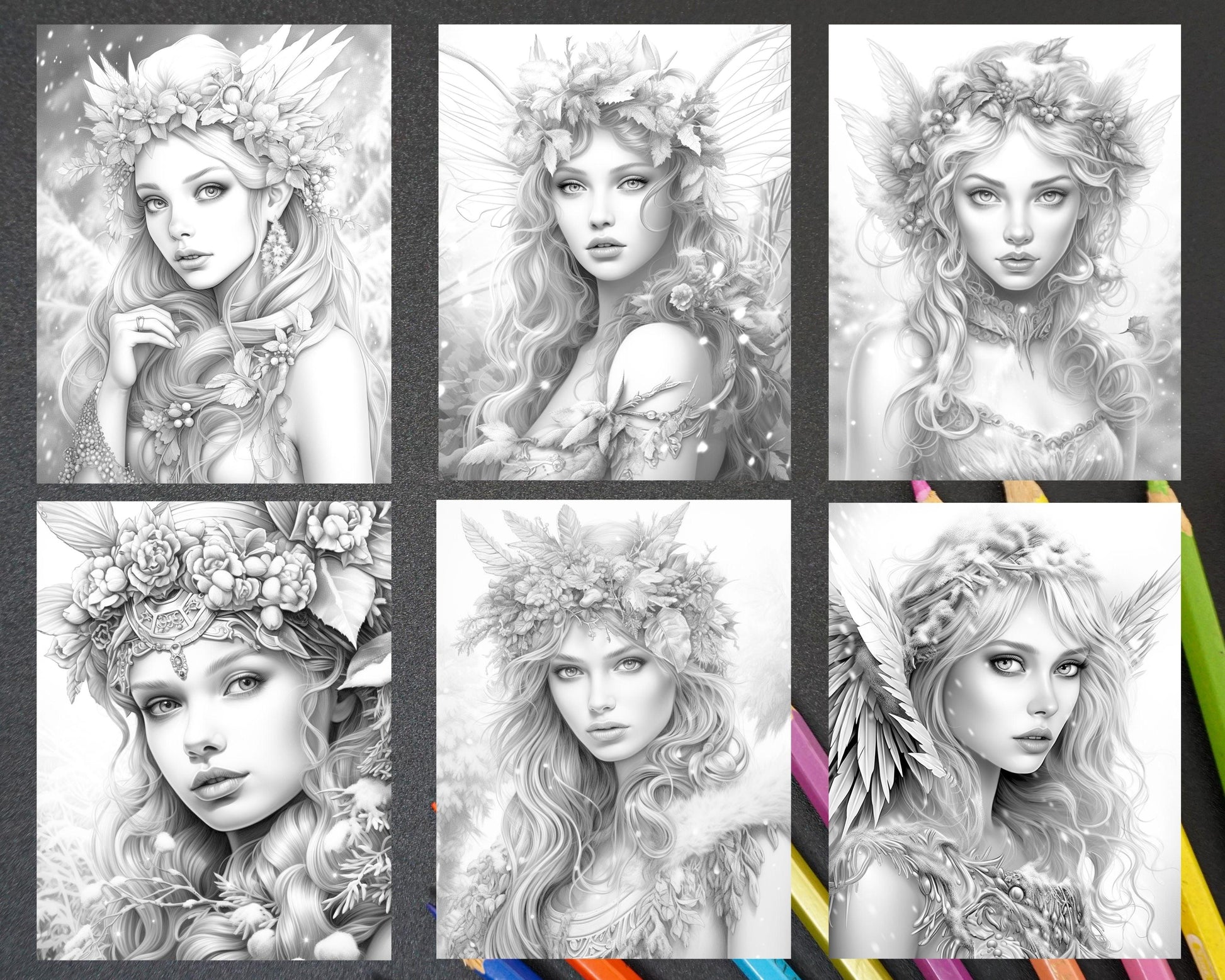 50 Winter Fairy Grayscale Coloring Pages Printable for Adults, PDF File Instant Download