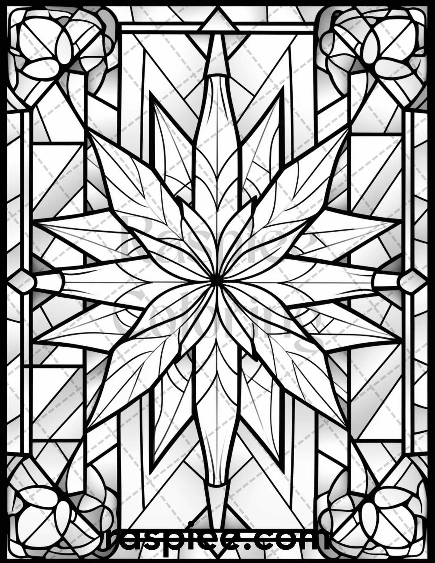 50 Christmas Stained Glass Grayscale Coloring Pages for Adults, Printable PDF File Instant Download