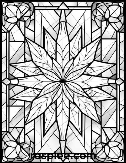 50 Christmas Stained Glass Grayscale Coloring Pages for Adults, Printable PDF File Instant Download