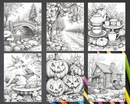 60 Relaxing Autumn Grayscale Adult Coloring Pages Printable PDF Instant Download
