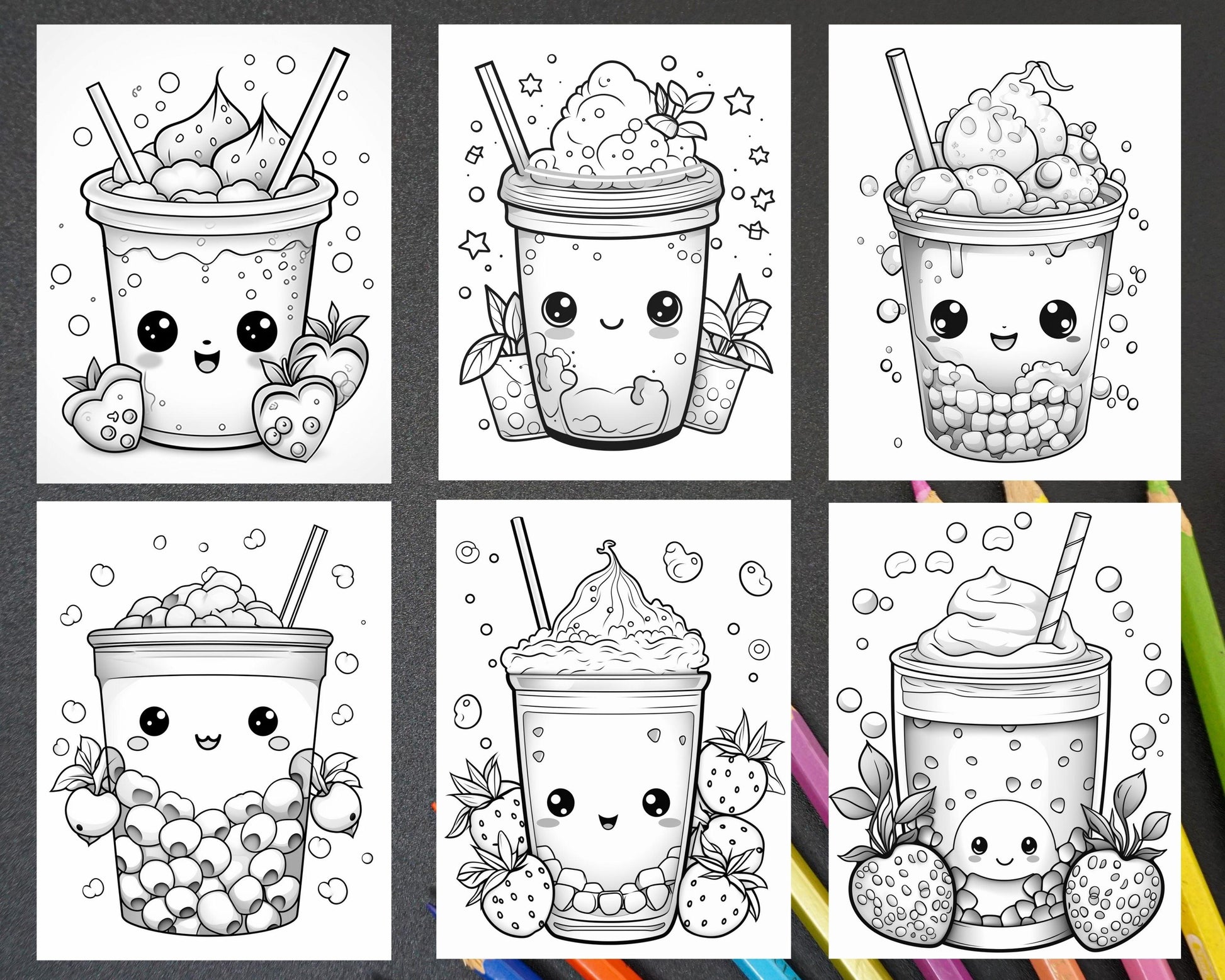 50 Cute Kawaii Boba Tea Grayscale Coloring Pages for Adults and Kids, Printable PDF File Instant Download